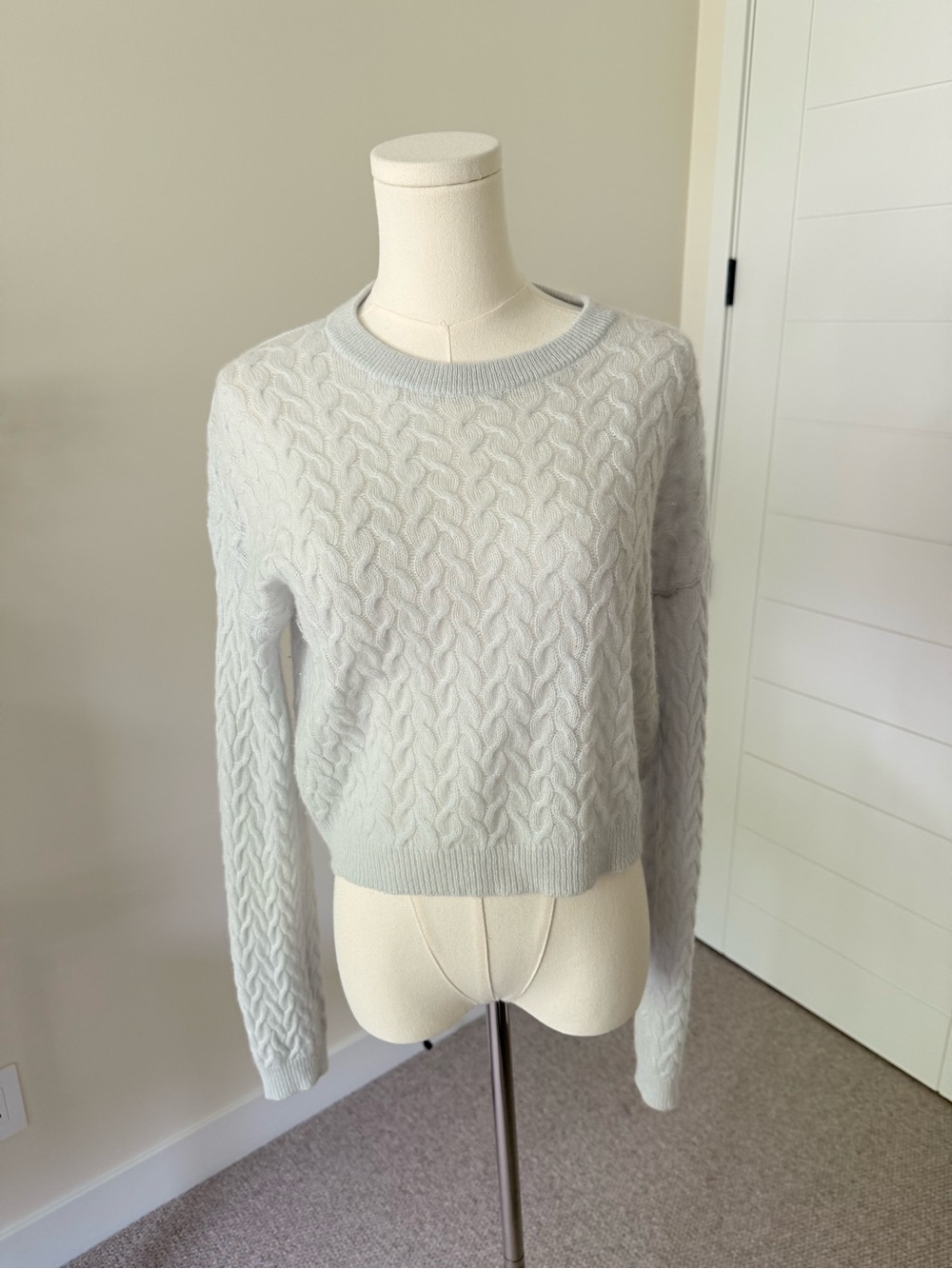 Light Blue Cable Knit Cashmere Crewneck Sweater